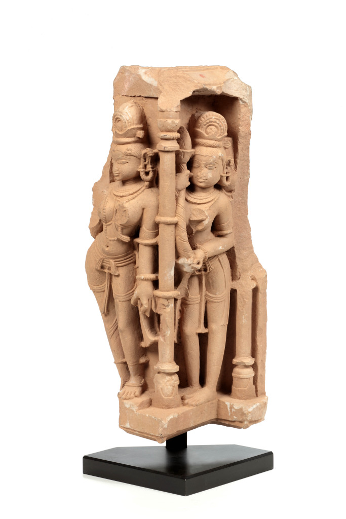 An Indian pink sandstone temple fragment