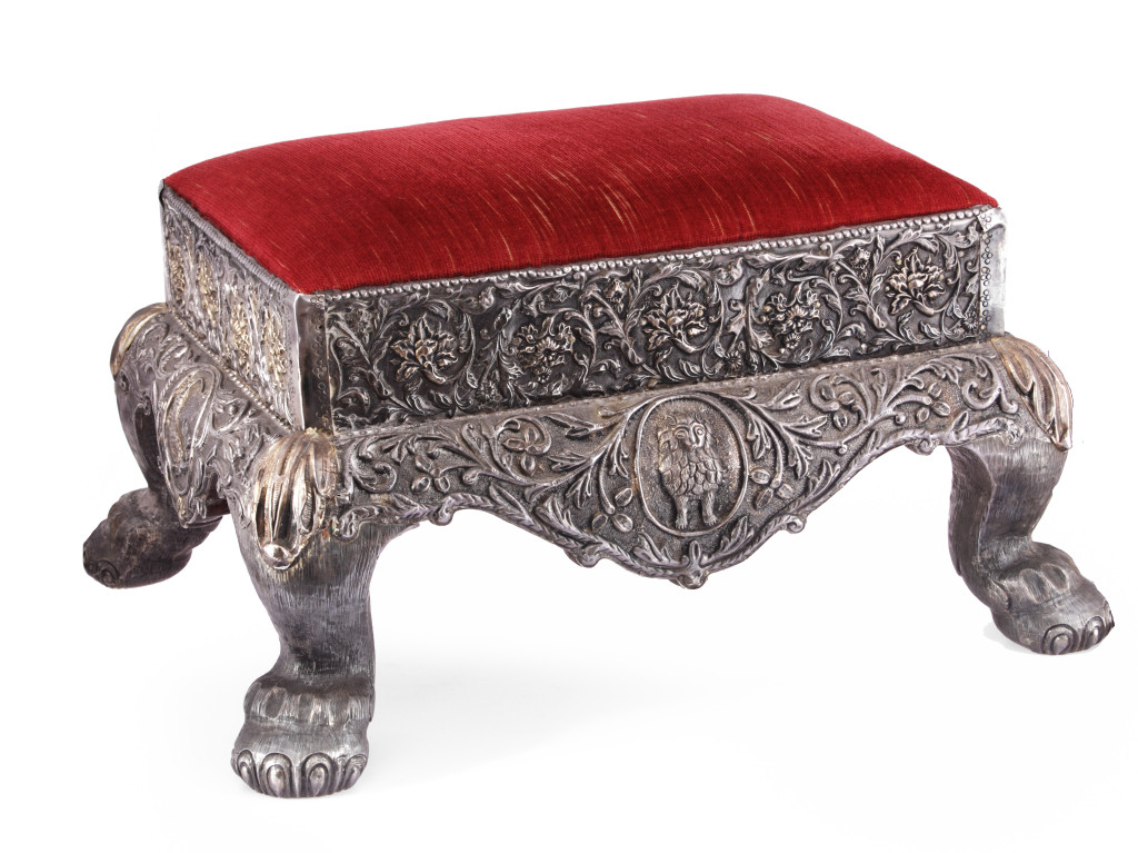 An Indian rosewood sheet-silvered part-gilt footstool for a throne