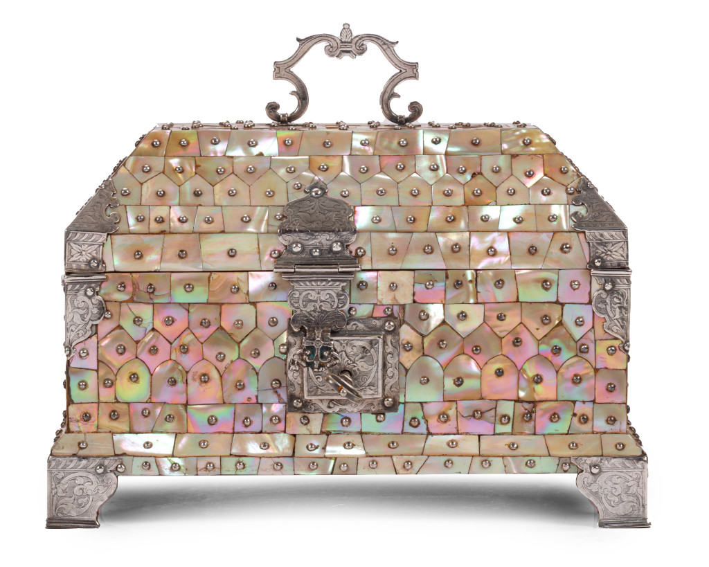 An exceptional Indo-Portuguese colonial mother-of-pearl veneered casket with silver mounts