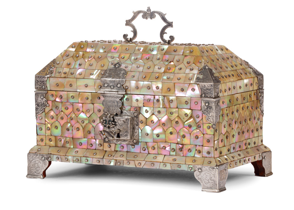 An exceptional Indo-Portuguese colonial mother-of-pearl veneered casket with silver mounts