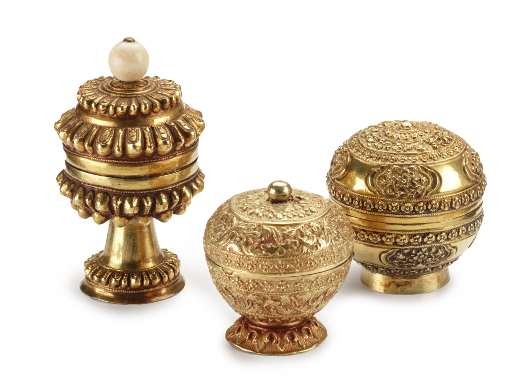 A collection of three Indonesian gold tempat sirih (betel containers)
