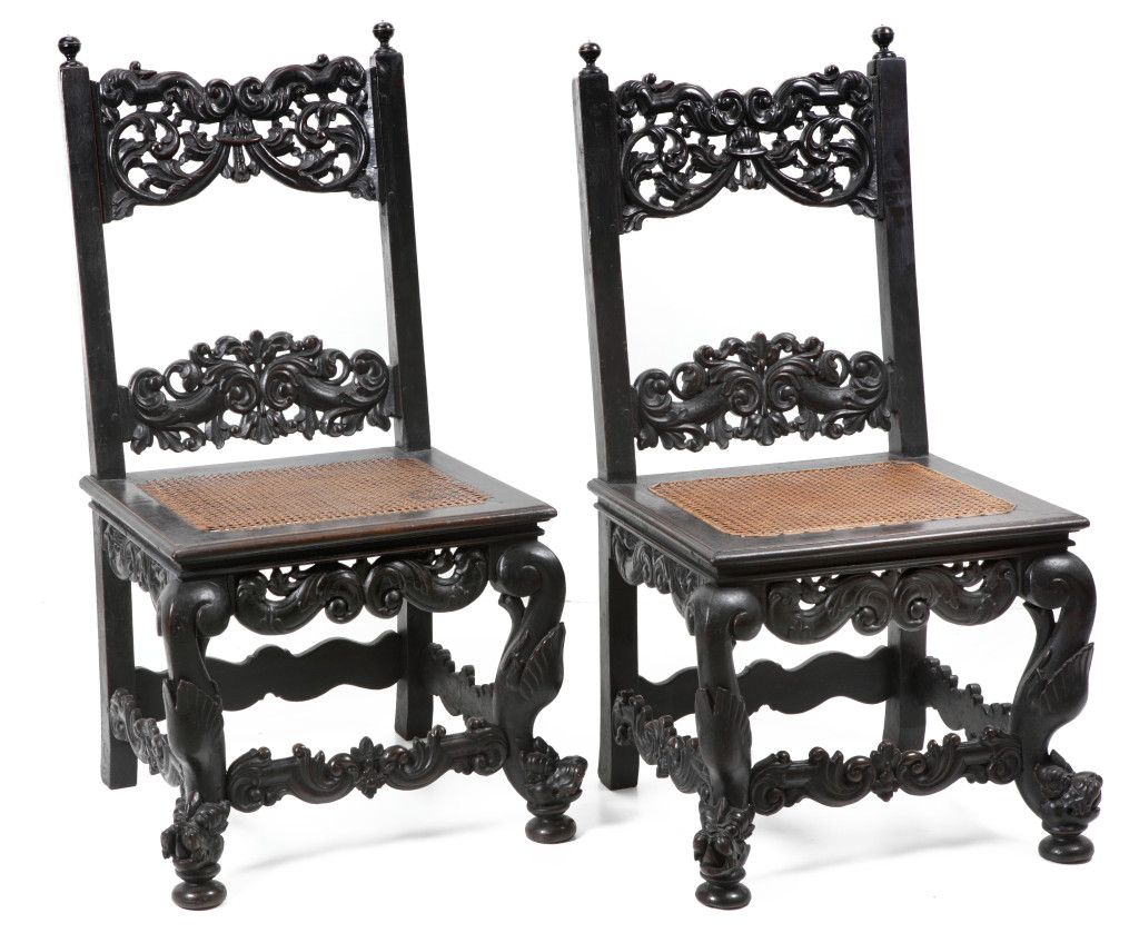 A pair of hardwood, possibly intsia bijuga, side chairs