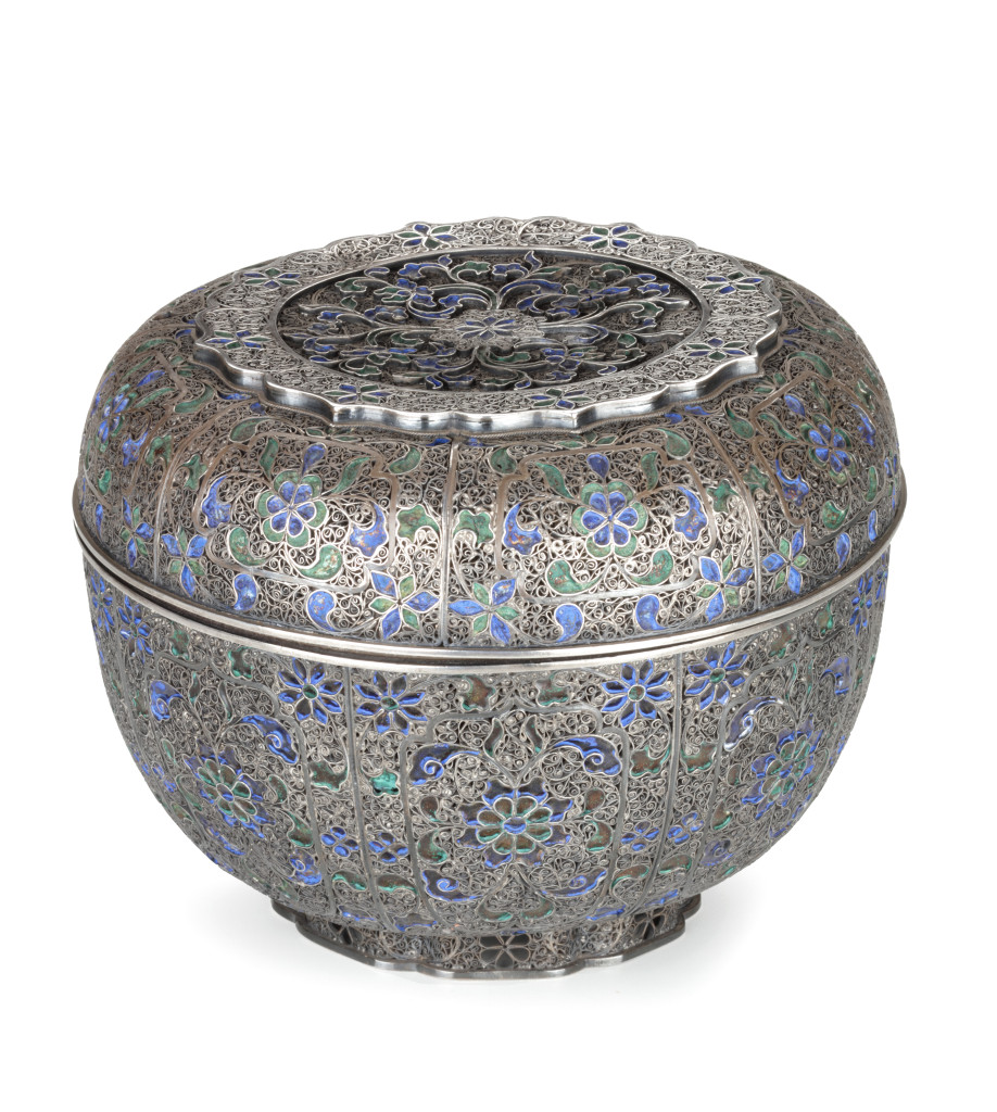 A large Indonesian enamelled silver filigree basket and cover