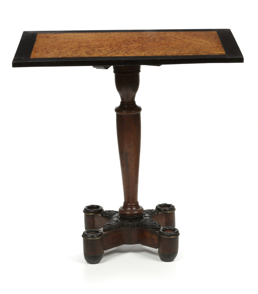 A small Sri Lankan Amboyna Burr, ebony and rosewood occasional table with brass mounts