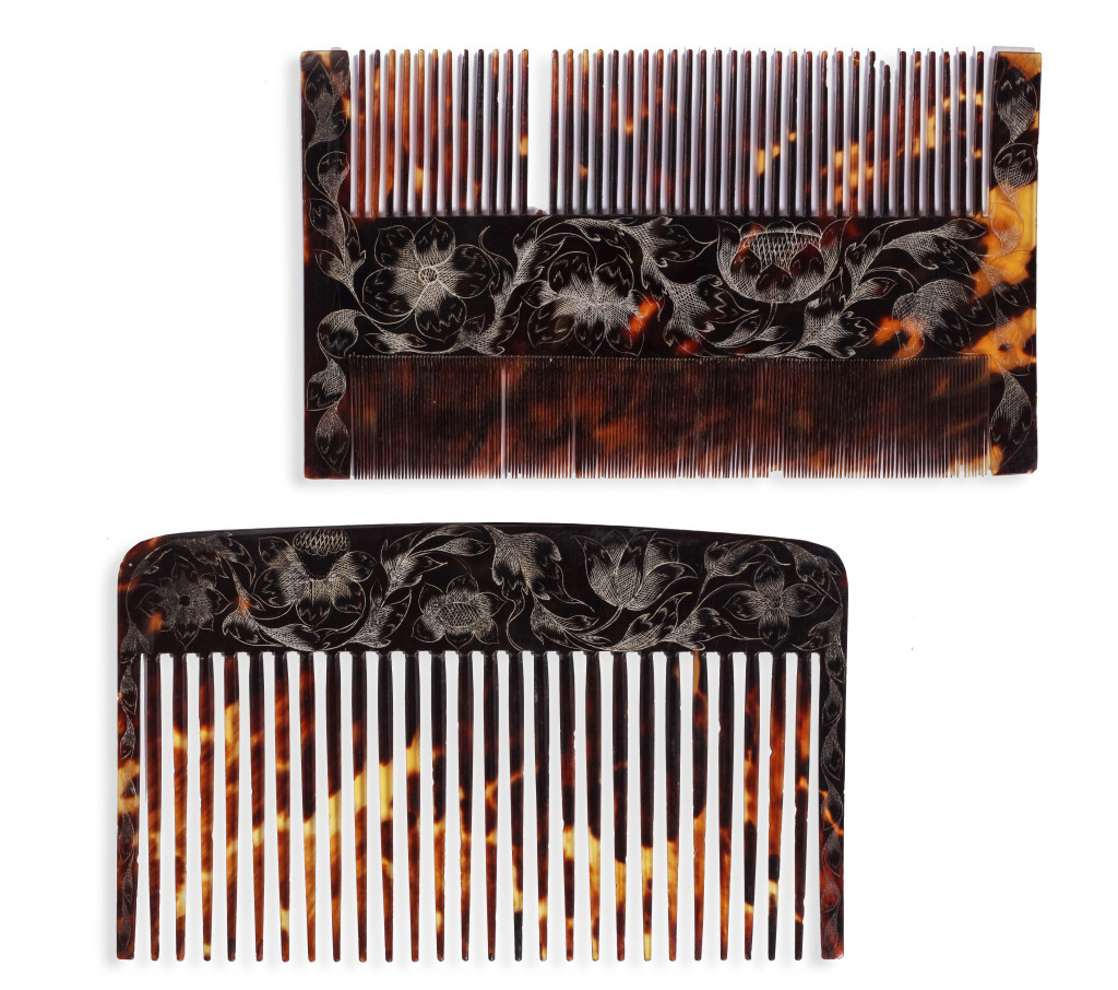 A Jamaican colonial engraved tortoiseshell comb-case with two combs
