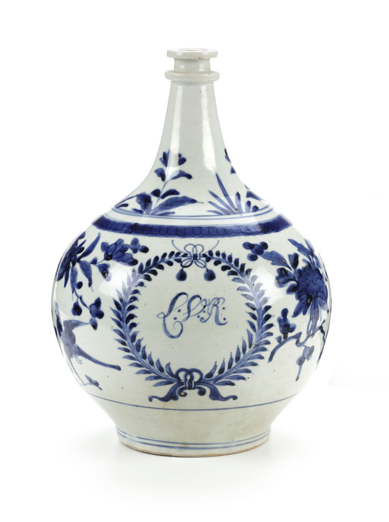 A Japanese Arita blue-and-white porcelain bottle with initials LvR