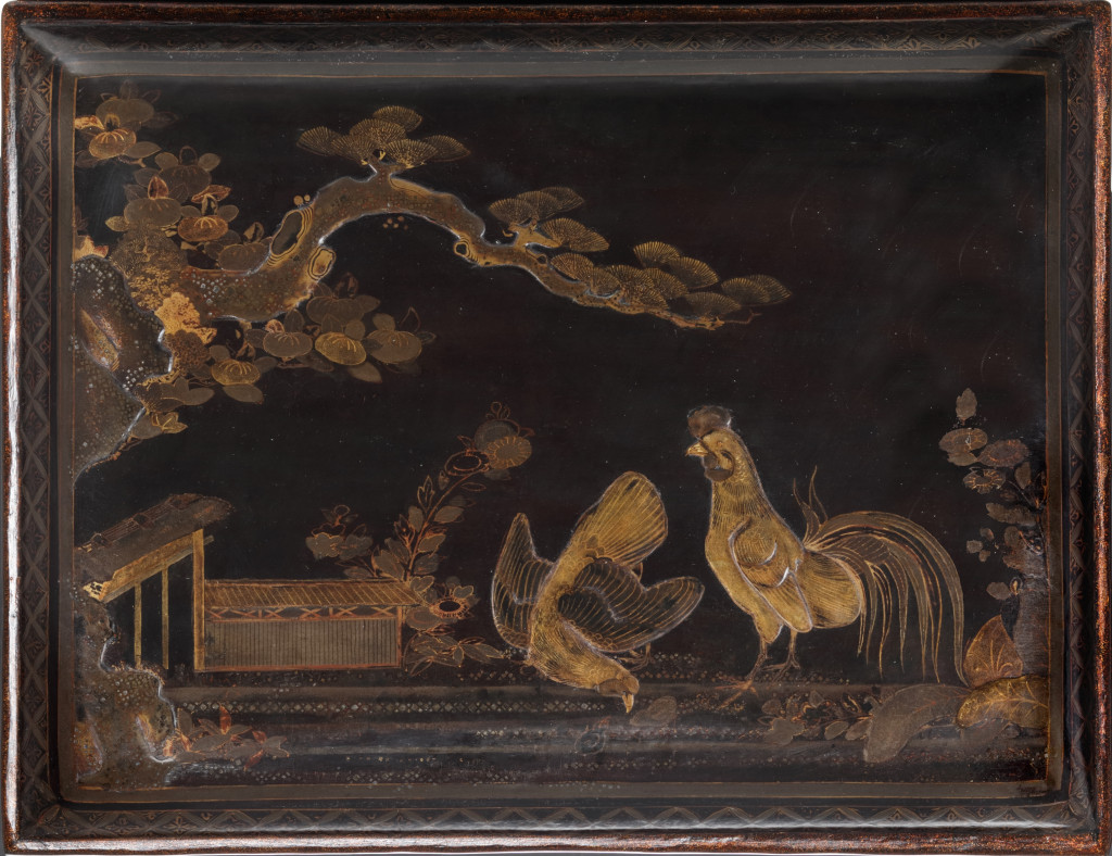 A Japanese Lacquer Transitional-Style chest in the early Pictorial-Style, with a lid, doors, drawers and pilasters on the corners