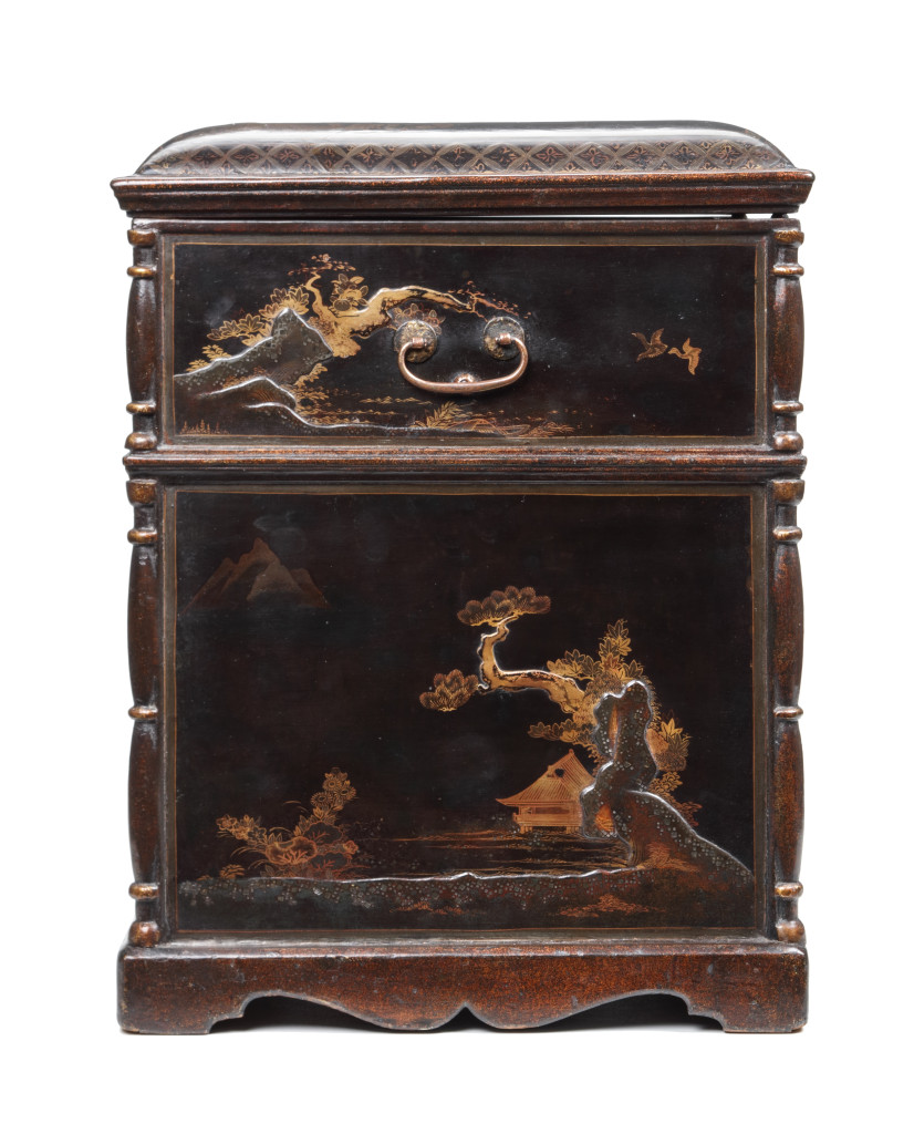 A Japanese Lacquer Transitional-Style chest in the early Pictorial-Style, with a lid, doors, drawers and pilasters on the corners