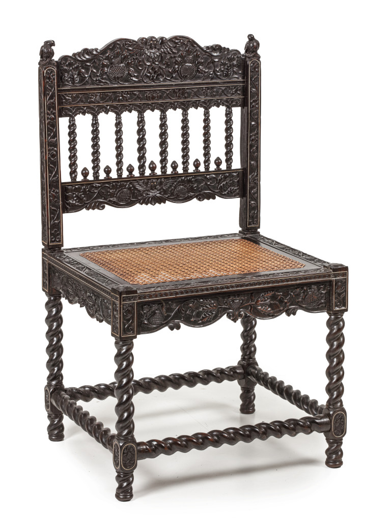 An important bone inlaid ebony Anglo-Indian side chair