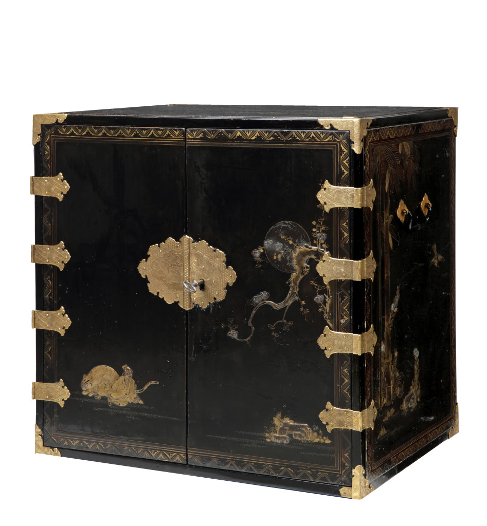 A Japanese 'pictorial style' lacquer cabinet with gilt-metal mounts