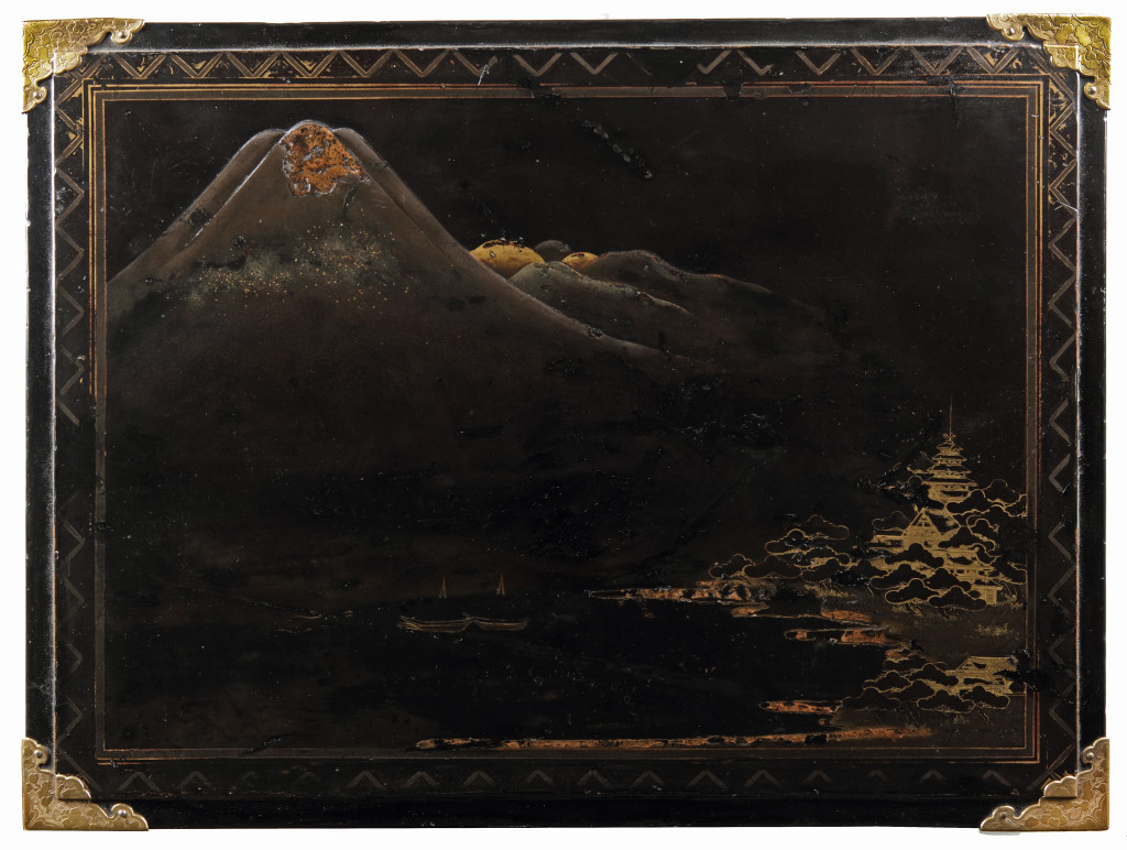 A Japanese 'pictorial style' lacquer cabinet with gilt-metal mounts