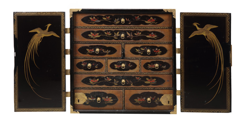 A Japanese 'pictorial style' lacquer cabinet with gilt-metal mounts