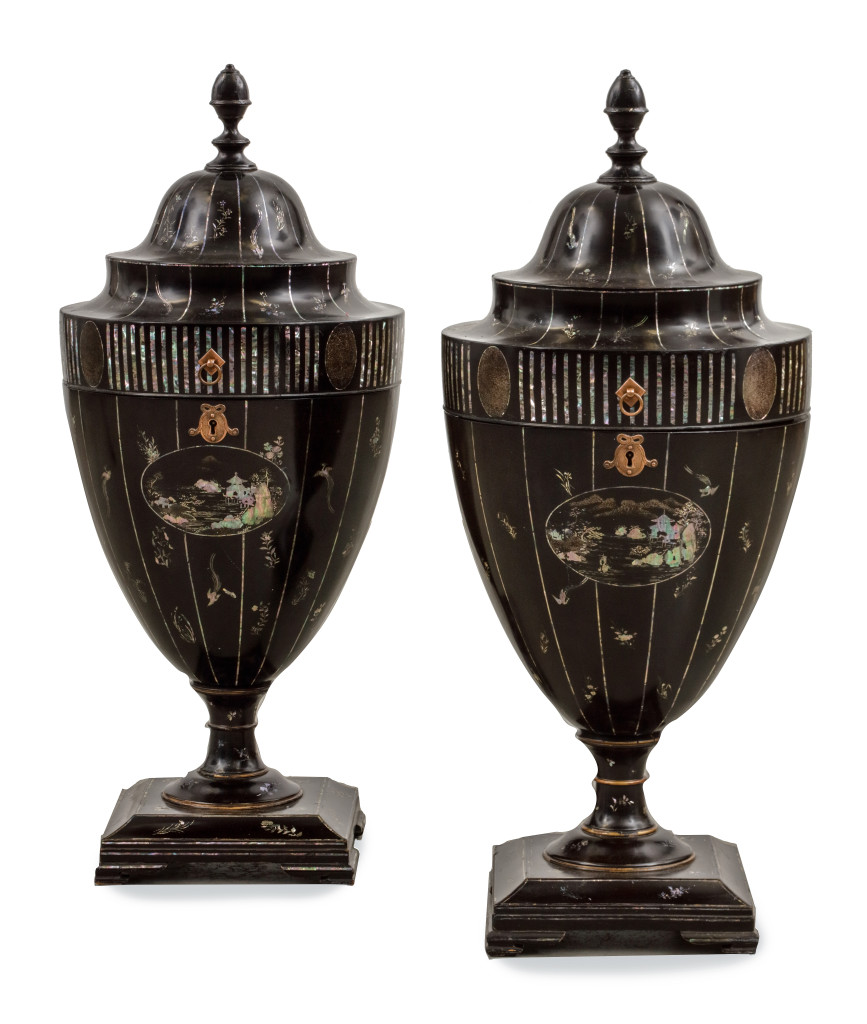 A rare pair of Kyoto-Nagasaki style lacquer and mother-of-pearl inlaid knife urns