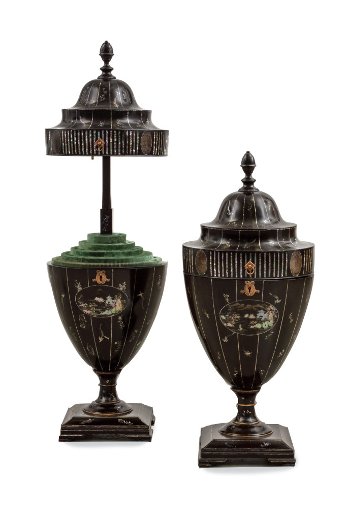 A rare pair of Kyoto-Nagasaki style lacquer and mother-of-pearl inlaid knife urns