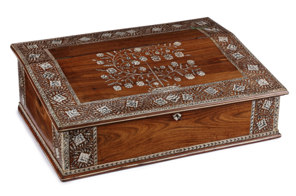 A fine 'Vizagapatam' pen-engraved bone inlaid rosewood writing box