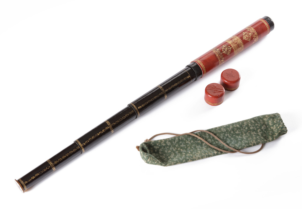 A lacquered half-inch refracting pasteboard telescope decorated with VOC monograms