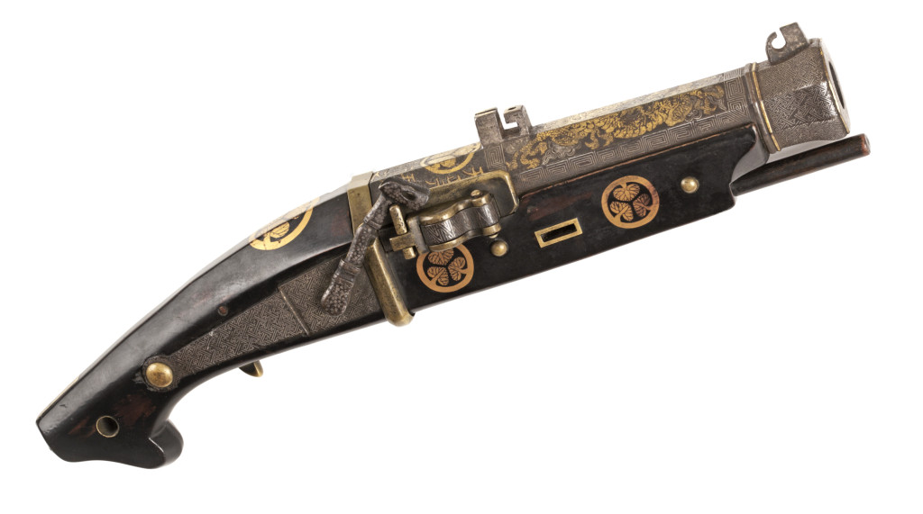 A Japanese matchlock pistol inscribed Tenshõ Gan-Nen G-Gatsu, Kazari-No, Matsudaira-Awa-No-Kami (for the feudal lord of the Awa area)