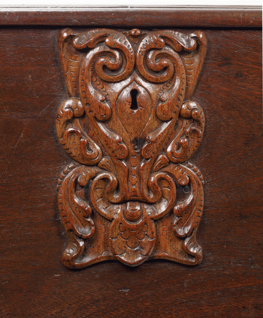 A teak wood (Tectona grandis) and American walnut (Juglans nigra) coffer with iron and brass mounts, previously owned by settler Anneken Jans Bogardius (1604/1605-1663)