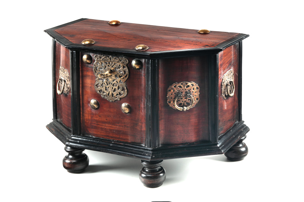A Sri Lankan jackwood and ebony hexagonal chest with brass mounts