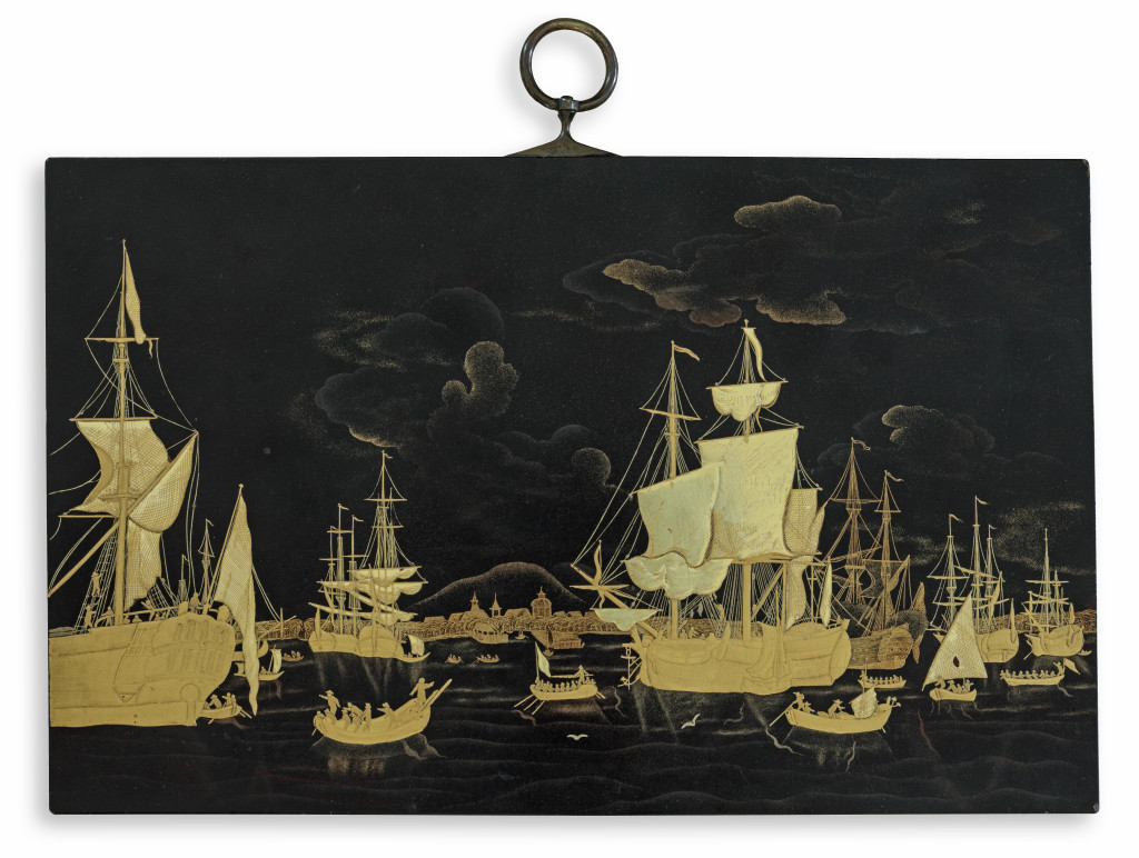 A Japanes lacquer plaque depicting the roadstead of Batavia by 'Lakwerker Sasaya'