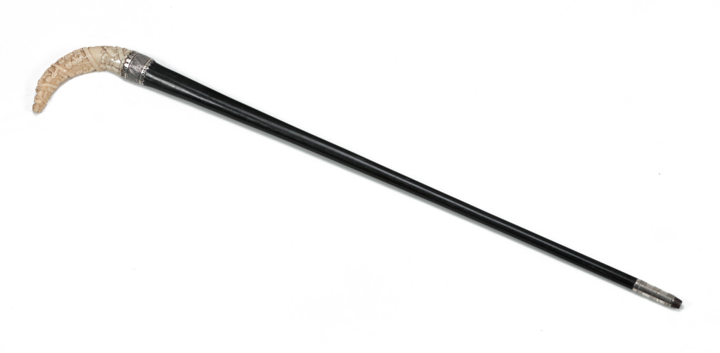 A rare and early 'Laongo ivory' (Hippopotamus), ebony and silver walking cane