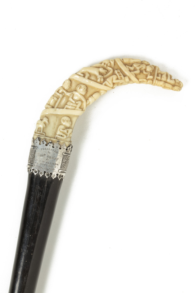 A rare and early 'Laongo ivory' (Hippopotamus), ebony and silver walking cane