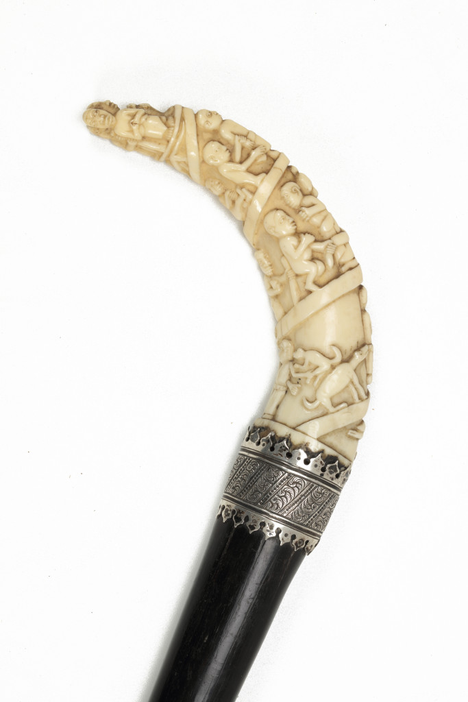 A rare and early 'Laongo ivory' (Hippopotamus), ebony and silver walking cane