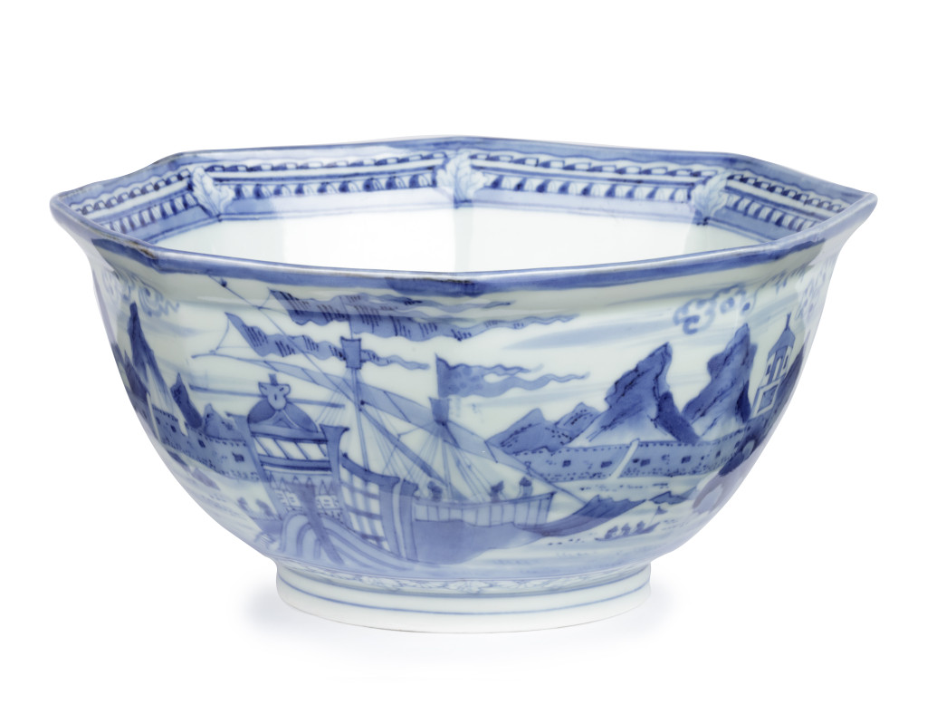 A Japanese octagonal blue and white Arita porcelain 'Frijtom’ bowl with a harbour scene