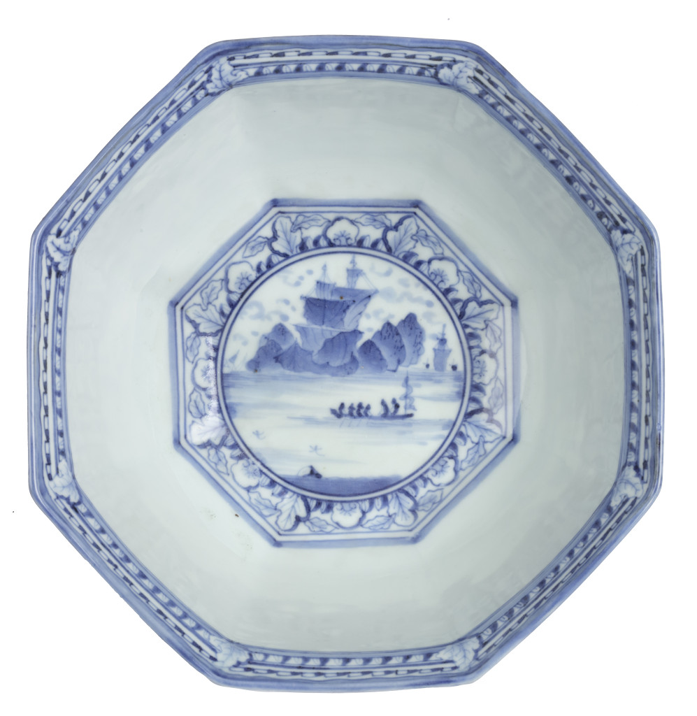 A Japanese octagonal blue and white Arita porcelain 'Frijtom’ bowl with a harbour scene