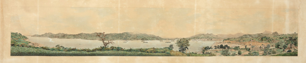 Large panoramic painting of the bay of Nagasaki, painted after photographs taken by Pierre Rossier (Swiss 1829-c. 1886), in 1860 (circa 1860)