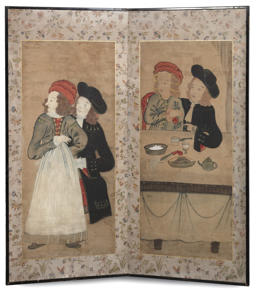 A Japanese two-fold screen, Byobu, possibly by Araki Kunsen (1781-1819), depicting a Dutch couple