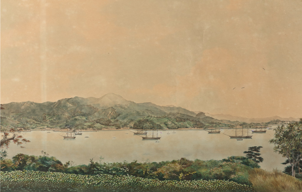 Large panoramic painting of the bay of Nagasaki, painted after photographs taken by Pierre Rossier (Swiss 1829-c. 1886), in 1860 (circa 1860)