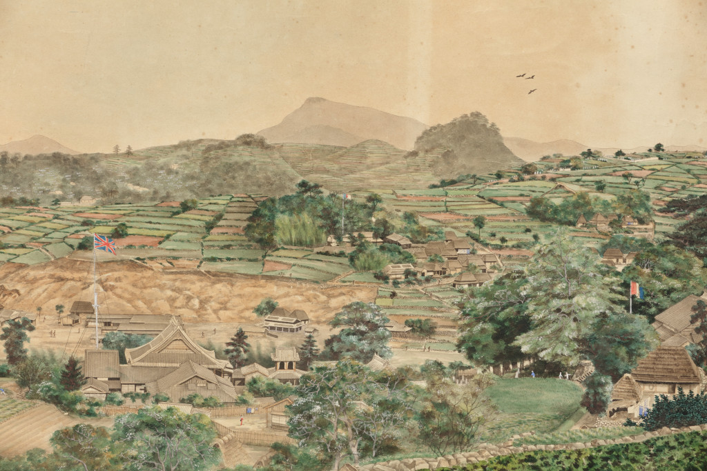 Large panoramic painting of the bay of Nagasaki, painted after photographs taken by Pierre Rossier (Swiss 1829-c. 1886), in 1860 (circa 1860)