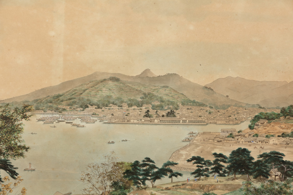 Large panoramic painting of the bay of Nagasaki, painted after photographs taken by Pierre Rossier (Swiss 1829-c. 1886), in 1860 (circa 1860)