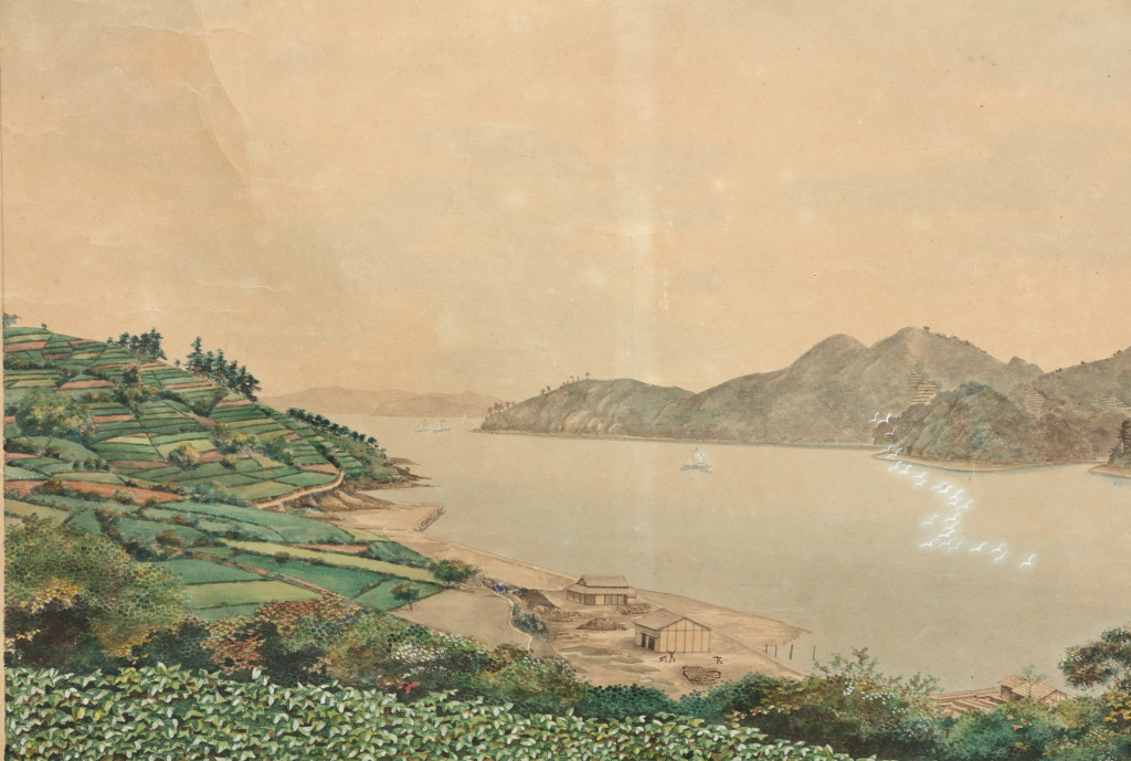 Large panoramic painting of the bay of Nagasaki, painted after photographs taken by Pierre Rossier (Swiss 1829-c. 1886), in 1860 (circa 1860)