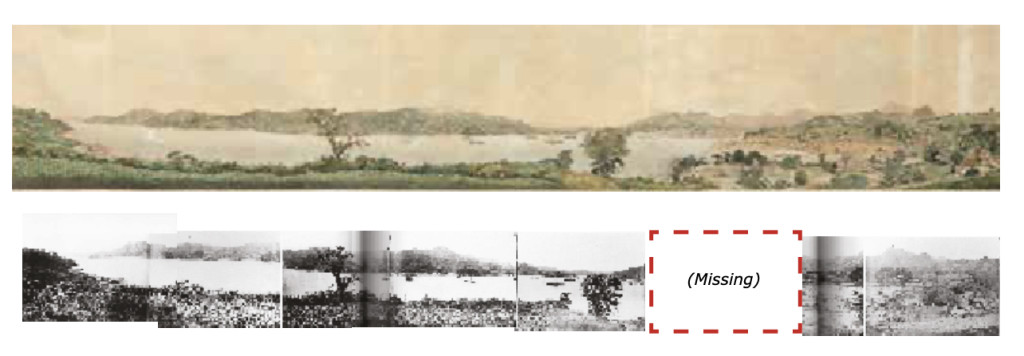 Large panoramic painting of the bay of Nagasaki, painted after photographs taken by Pierre Rossier (Swiss 1829-c. 1886), in 1860 (circa 1860)