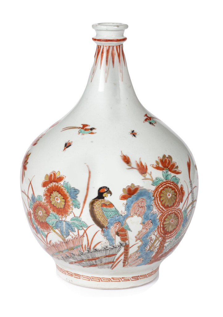 A large Kakiemon-style Dutch decorated Japanese porcelain wine bottle with initials PDR