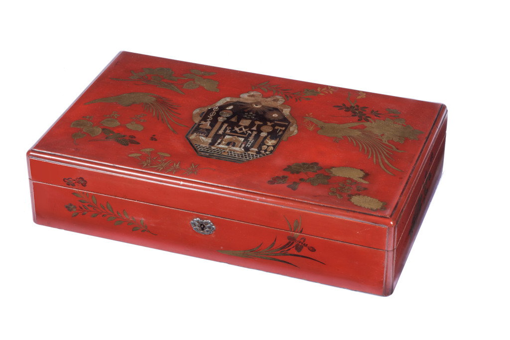 A fine Japanese export red lacquer box with Masonic symbols