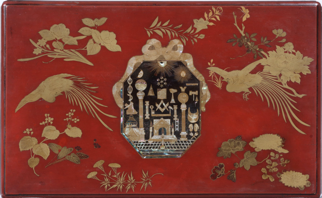 A fine Japanese export red lacquer box with Masonic symbols
