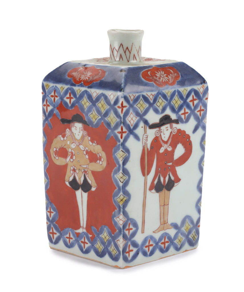 A square Arita porcelain bottle with polychrome decoration of Dutchmen