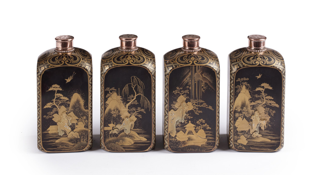 A set of four extremely rare and important pictorial-style Japanese export lacquer bottles