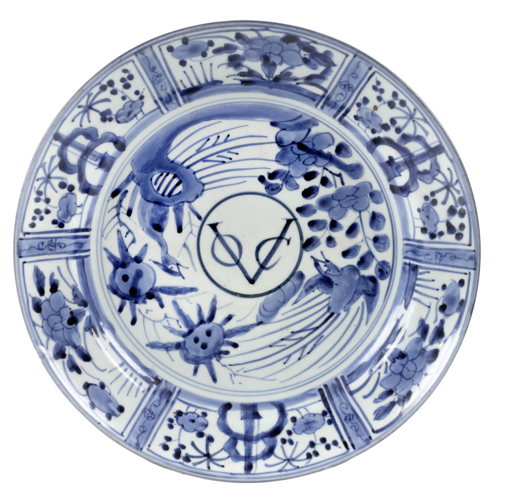 A rare large Japanese Arita blue and white porcelain 'V.O.C' dish