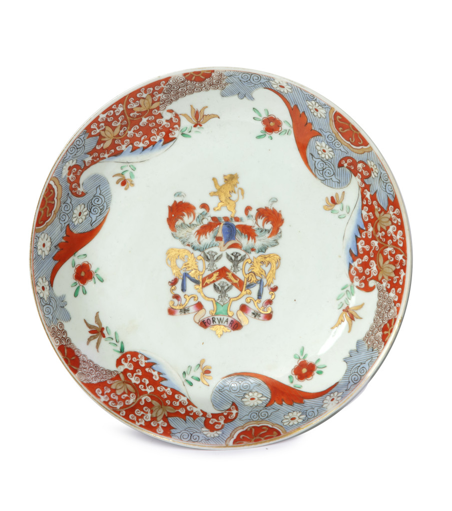 A unique Japanese Imari porcelain armorial dish with the coat-of-arms of the Danish Halling family
