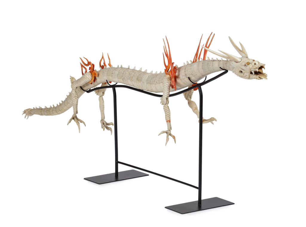 A fantastic Japanese fully articulated ivory and bone okimono of a dragon
