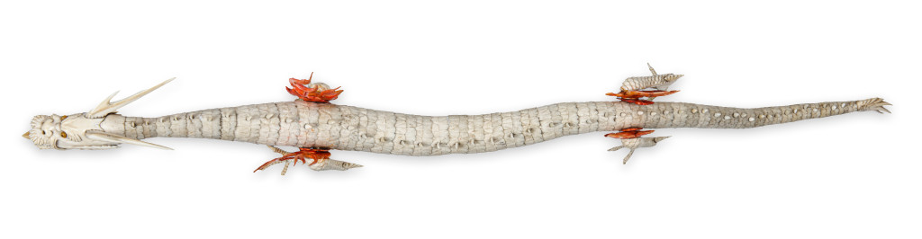 A fantastic Japanese fully articulated ivory and bone okimono of a dragon