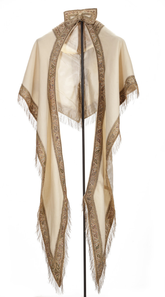 A fine cotton, gold and silk embroidered floral Cape with hood and silk lining