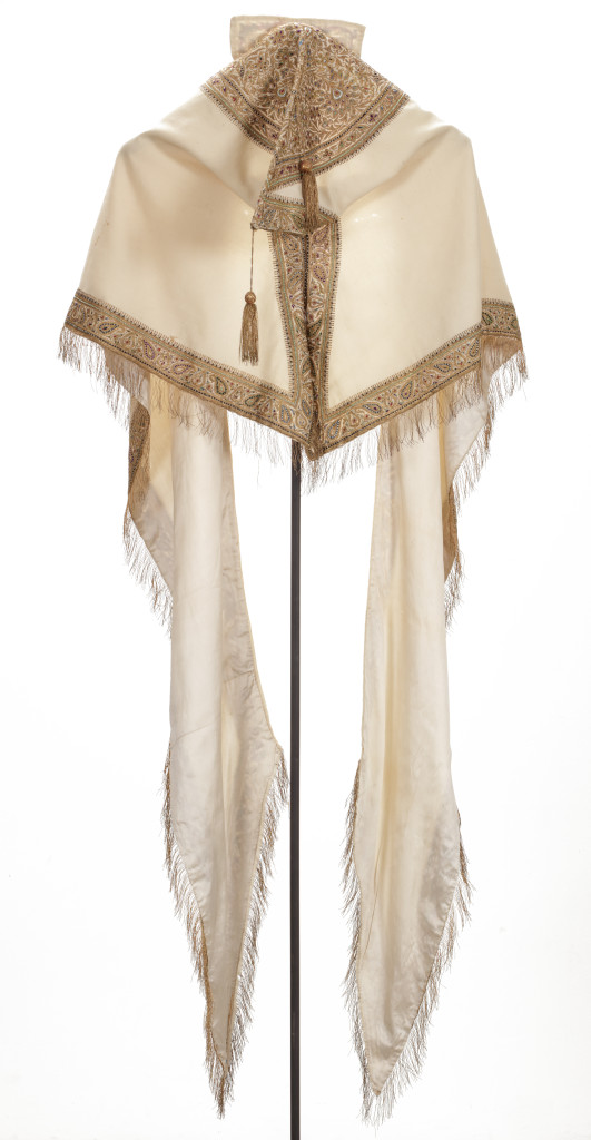 A fine cotton, gold and silk embroidered floral Cape with hood and silk lining
