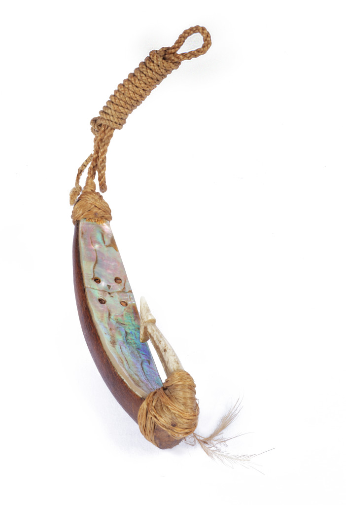 A wood, abalone and albatross-bone Maori pa kawahai fishing lure