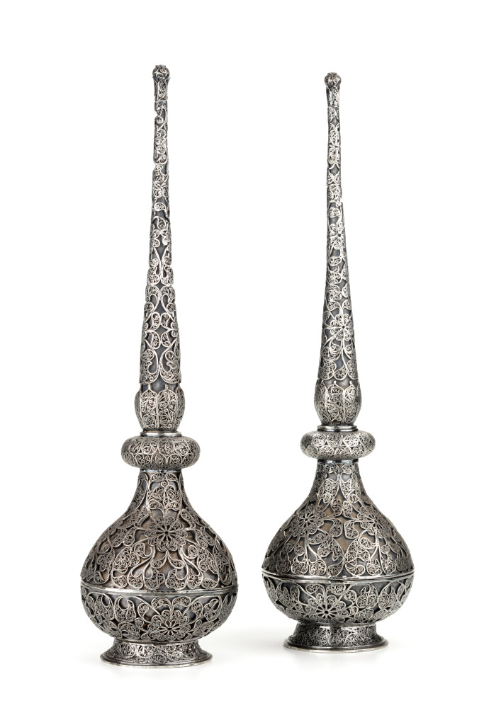 A rare pair of large Indian silver filigree rosewater sprinklers