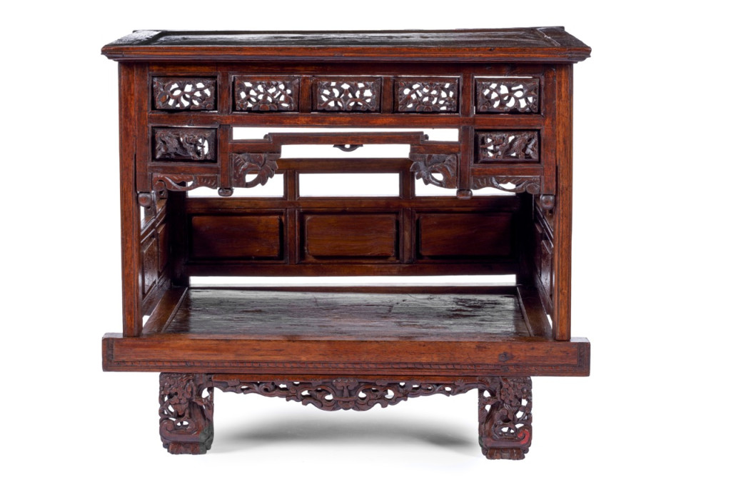 A Peranakan djati wood miniature bed for an Anak Ambar, a miscarried fetus